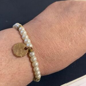 Gold & Pearl Bead Bracelet with Disc Charm - Women Jewelry